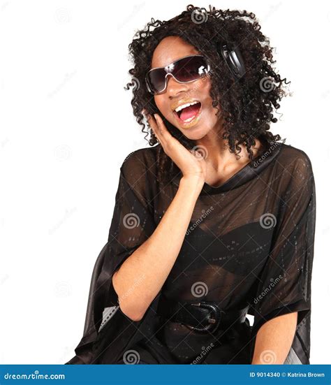 Black Woman Listening To Music On White Background Stock Photo Image