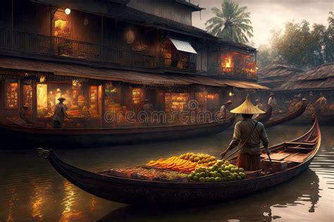 Eastern Floating Market With Floating Sellers On Fruit Boats Stock