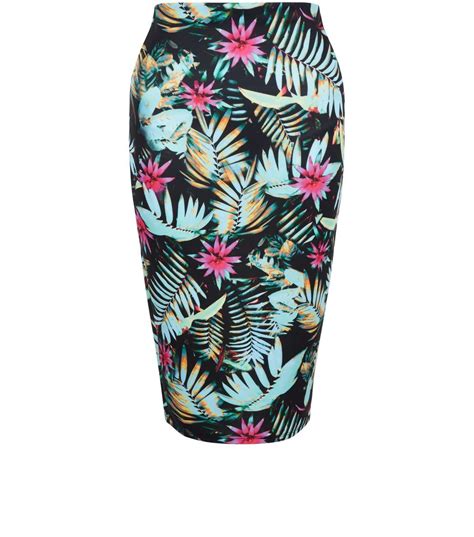 Black Tropical Floral Print Pencil Skirt Tropical Floral Print