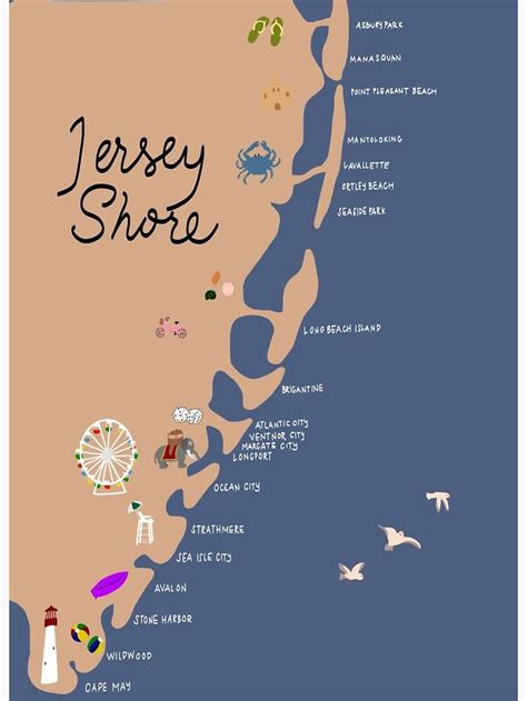 An Illustrated Map Of Jersey Shore With The Names And Attractions On Its Side