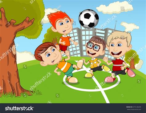Children Playing Soccer In The Park Cartoon Vector Illustration
