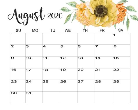 Floral August 2020 Calendar Cute Latest Calendar Printable Templates
