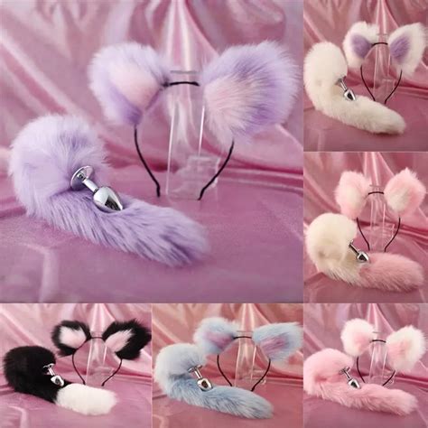 Cute Soft Cat Ears Headbands With 40cm Fox Tail Bow Metal Butt Anal Plug Erotic Cosplay