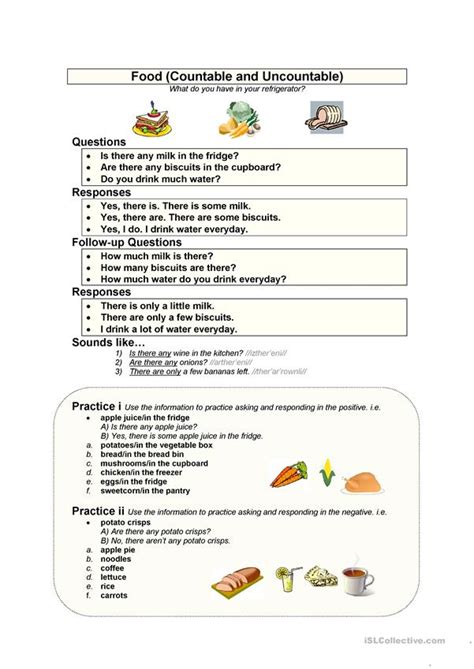 Food Countable And Uncountable English Esl Worksheets Esl Lessons