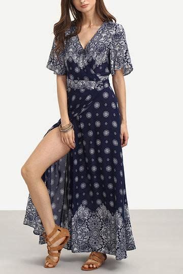 Blue Floral Print V Neck Sheer Split Hem Maxi Dress Maxi Dress