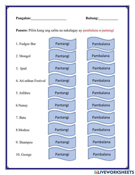 Pantangi At Pambalana Online Worksheet Live Worksheets