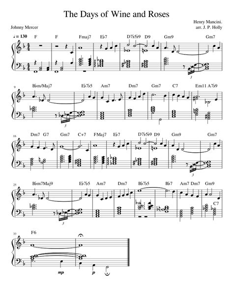 The Days Of Wine And Roses Keyboard Harmony Example Sheet Music For