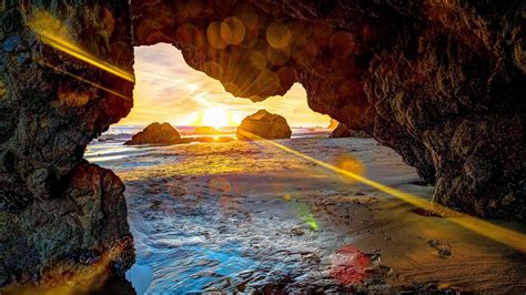 Amazing Beach Cave In Sunrise Hdr Hd Desktop Background Wallpaper Free