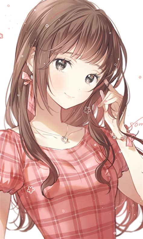 Download Wallpaper 480x800 Cute Brunette Anime Girl Long Hair Art Nokia X X2 Xl 520 620