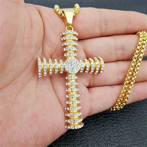 Hip Hop Iced Out Rhinestones Cross Pendant Necklace For Men Gold Color Stainless Steel Link