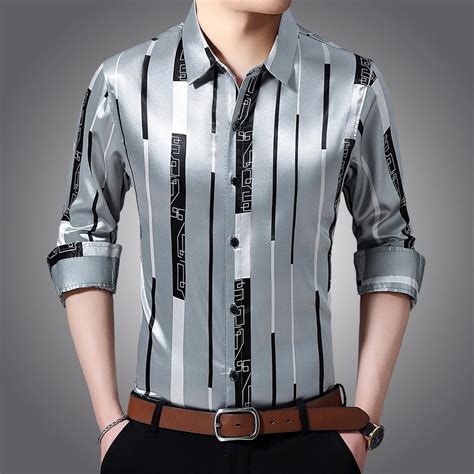 Male Silk Clothes Spring Long Sleeve Striped Silk Shirts Mens Caual