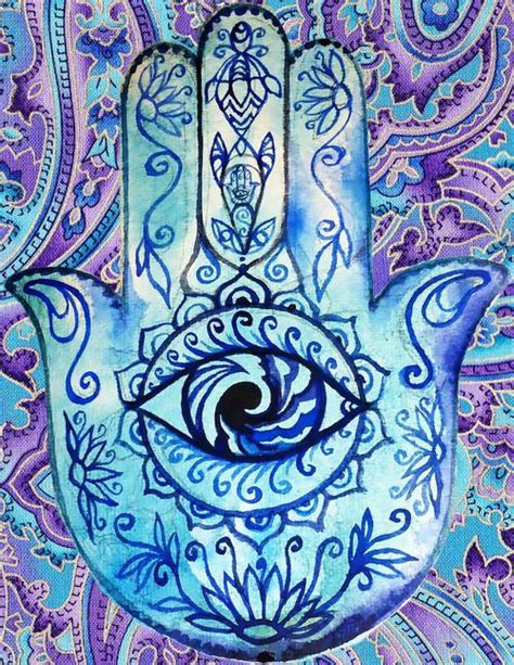 A Hamsa Painted With Blue And Purple Colors