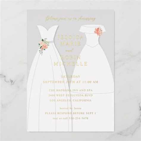 two brides wedding dress lesbians couples shower foil invitation zazzle