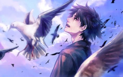 Anime Boy Cry Bird Clouds Sky Wallpapers Hd Desktop