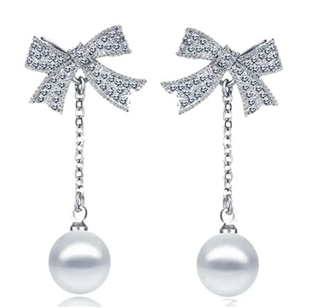 Genuine Sterling Silver Sparkling Bow Pearl Earrings With