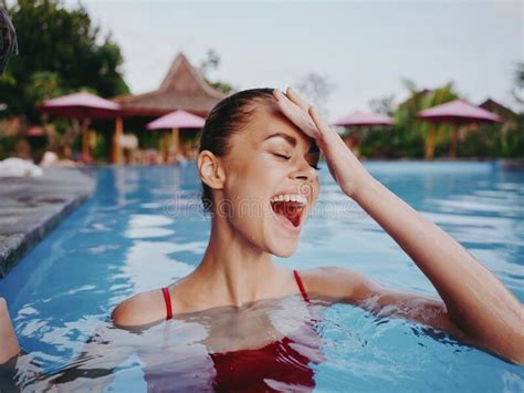 Cheerful Woman Swimming In The Pool Luxury Bali Island Travel Stock