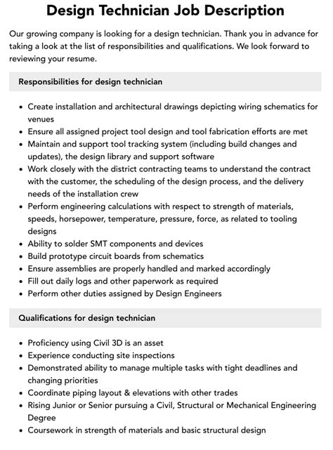 Design Technician Job Description Velvet Jobs