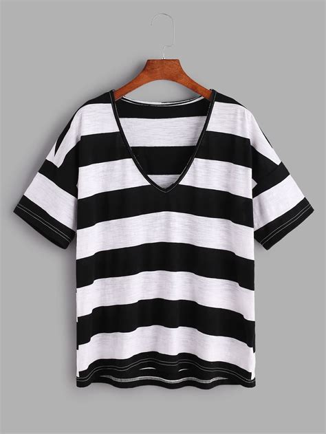 Black And White Striped V Neck Drop Shoulder T Shirt Sheinsheinside