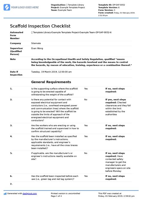 Scaffold Inspection Checklist Free Template Daily Or Weekly Inspection
