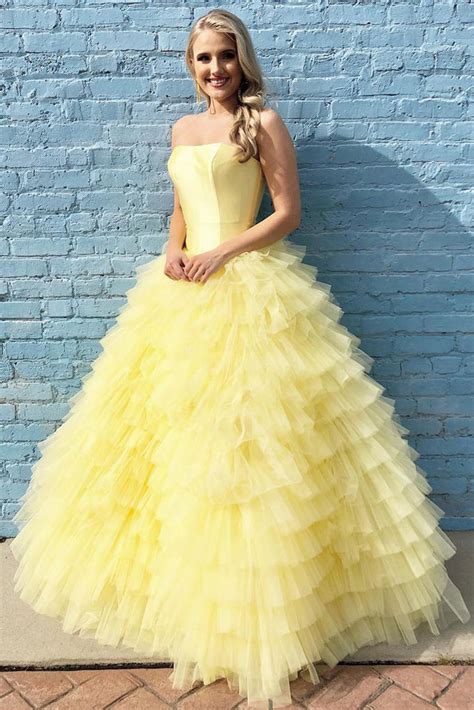 Custom Made Yellow Strapless Tiered Floor Length Ball Gown Long Prom D Abcprom