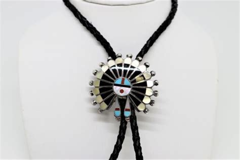 Vintage Sterling Silver Zuni Sunface Headress Bolo Tie Turquoise Coral