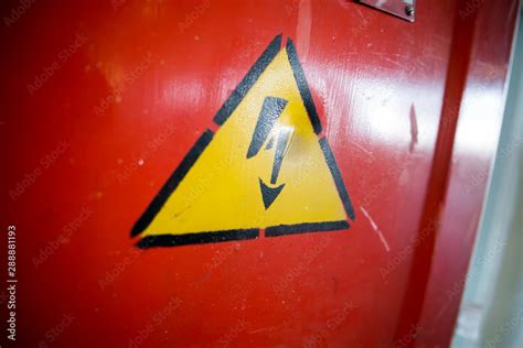 High Voltage Warning Sign On High Voltage Substation Stock Photo