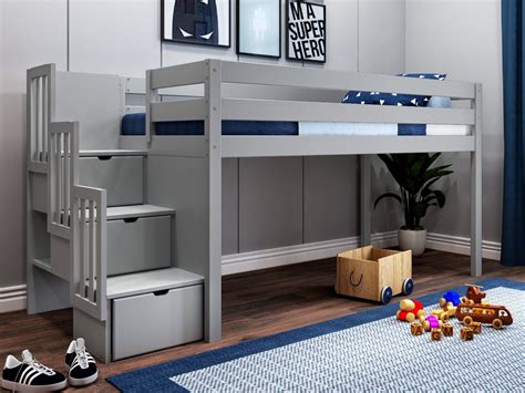 Jackpot Contemporary Low Loft Twin Bed With Stairway Loft Bed Gray