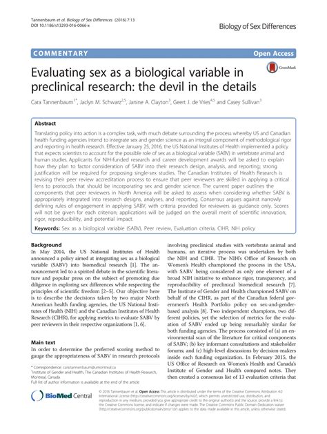 Pdf Evaluating Sex As A Biological Variable In Preclinical Research