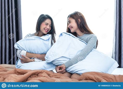 Two Asian Lesbian Looking Together In Bedroom Beauty Concept Happy Lifestyles And Home Sweet