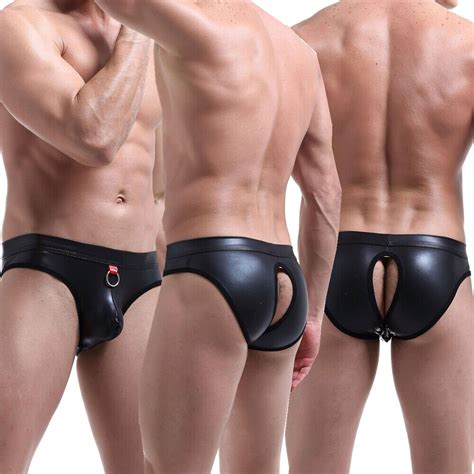 Men S Faux Leather Backless Thongs Pouch Underwear Back Open Crotch