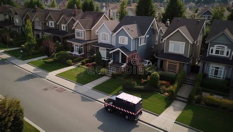 Rows Of Suburban Homes With Green Lawns Generated By Ai Stock Image