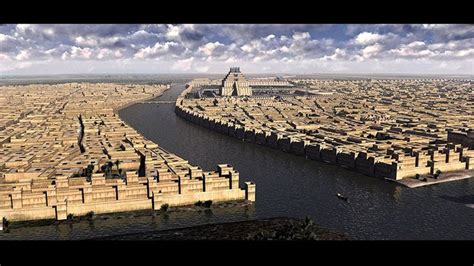 Reconstruction Of Babylon Showing Euphrates River And Zigurat