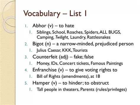 Ppt Vocabulary List 1 Powerpoint Presentation Id1844481