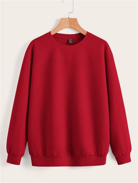 Solid Drop Shoulder Sweatshirt Long Sleeve Shirt Outfits Red Sweatshirt Outfit Red