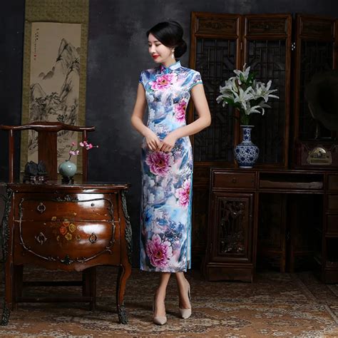 Printing Vintage Cheongsam Long Qipao Blue Traditional Chinese Dress