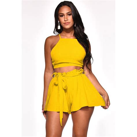 2019 Summer Casual Short Two Piece Set Crop Tops And Loose Shorts