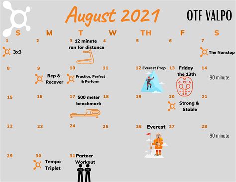 August 2021 Calendar🤩 Orangetheory Fitness Valparaiso