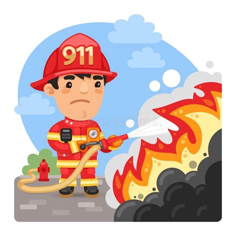 Cartoon Firefighter Extinguishes A Fire Stock Vector Illustration Of
