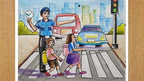 How To Draw Save Drive Save Life With Oil Pastel Color Road Safety Drawing Easy City Safety