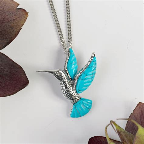 Hummingbird Necklace In Silver Turquoise Bird Necklace Etsy
