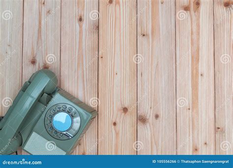 Retro Rotary Telephone With Cable On Wood Table Wooden Background Top