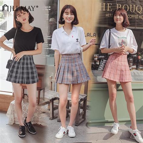 Jli May High Waist Blue Pleated Skirts Girls Harajuku Skirt Solid Plaid