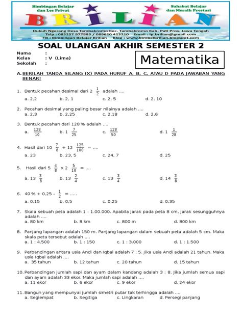 Soal Ulangan Matematika Kelas 1 Semester 2