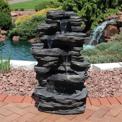 Sunnydaze Rock Falls Outdoor Water Fountain With Led Lights Rock