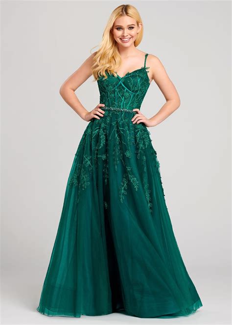 Ellie Wilde Ew120017 Emerald Green Lace Corset Bodice Tulle Ball Gown