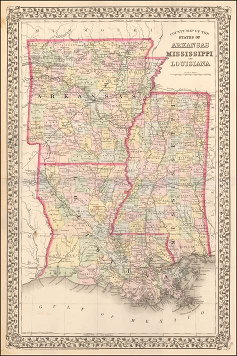 County Map Of The States Of Arkansas Mississippi And Louisiana