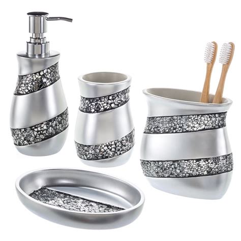 Silver Mosaic Bathroom Accessories Set 4 Piece Luxury