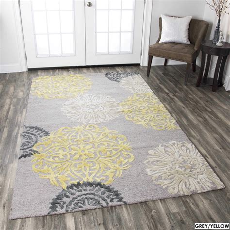Rizzy Home Hand Tufted Floral Wool Grey Navy Yellow Rug 5 X 8