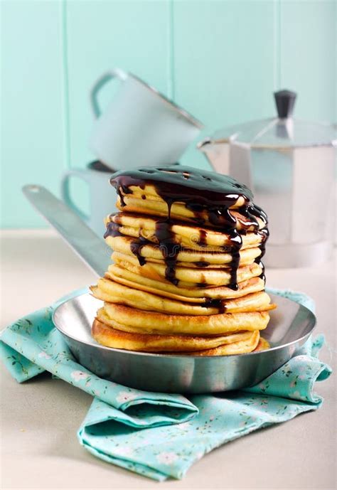Buttermilk Pancakes With Chocolate Sauce Served Stock Photo Image Of