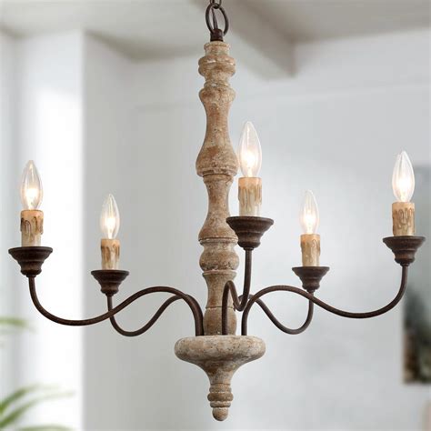 LNC Light Farmhouse French Country Vintage White Wood Dining Candle Style Chandelier A